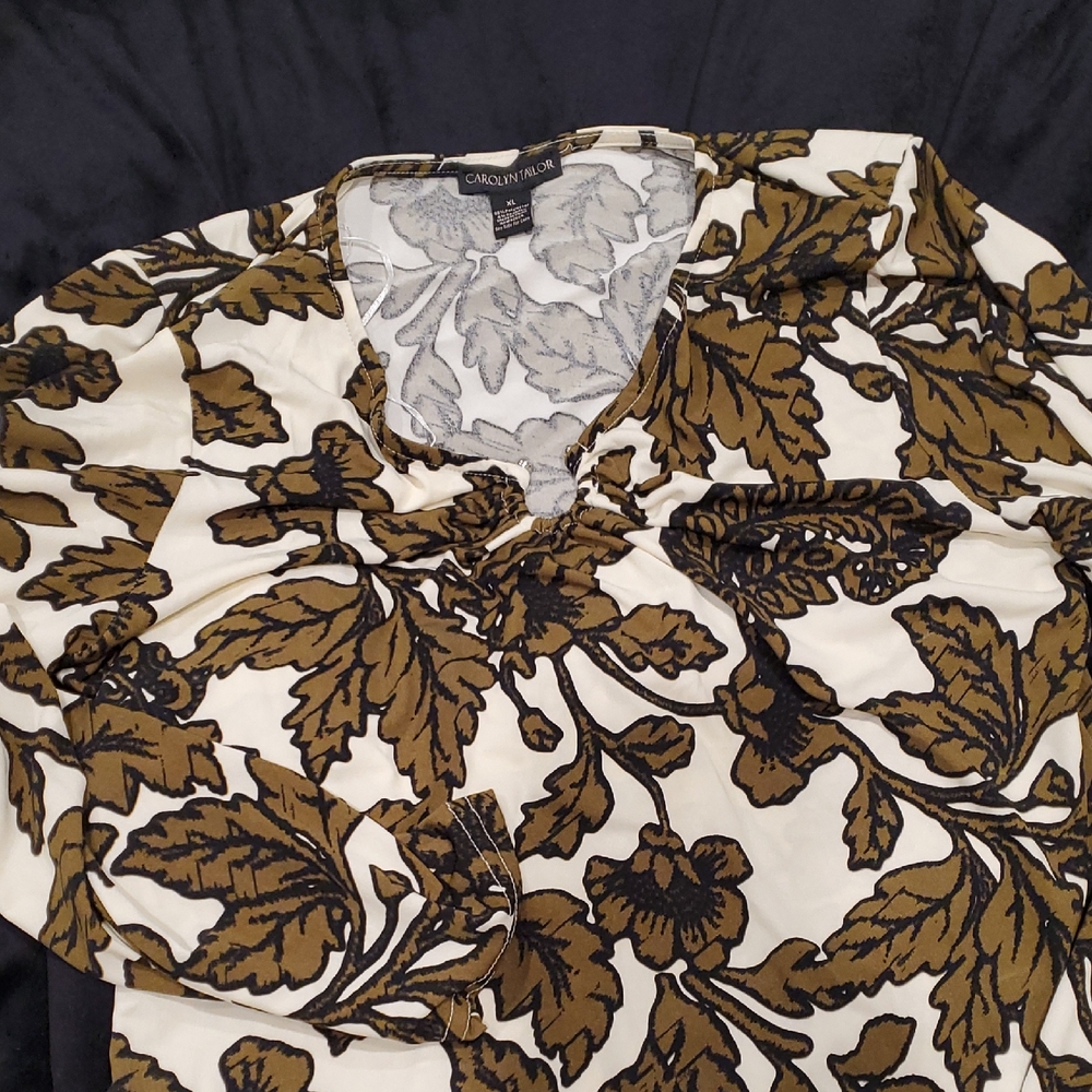 Carolyn Taylor Cream Blouse with Olive Green and Black Floral Print